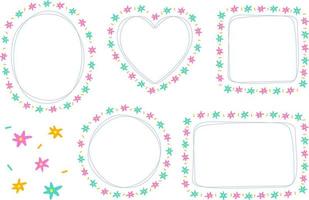 Abstract Bright Green Pink Daisy Star Flower Doodle Hand Drawing Drawn Heart Circle Square Oval Rectangle Sticky note Shape Line Borders Frames Plate Set Collection Background Vector Illustration