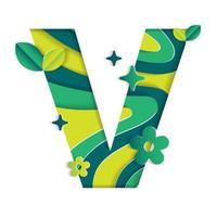 V Alphabet Character Environmental Eco Environment Day Leaf Font Letter Cartoon Style Abstract Paper Sparkle Shine Green Mountain Geography Contour Map 3D Paper Layer Cutout Card Vector Illustration