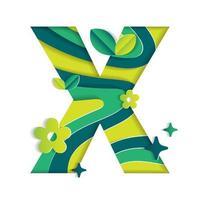 X Alphabet Character Environmental Eco Environment Day Leaf Font Letter Cartoon Style Abstract Paper Sparkle Shine Green Mountain Geography Contour Map 3D Paper Layer Cutout Card Vector Illustration