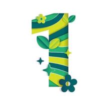 1 Numeric Number Character Environmental Eco Environment Day Leaf Font Letter Cartoon Style Abstract Paper Sparkle Shine Green Mountain Geography Contour 3D Paper Layer Cutout Card Vector Illustration