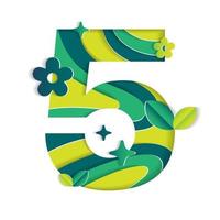 5 Numeric Number Character Environmental Eco Environment Day Leaf Font Letter Cartoon Style Abstract Paper Sparkle Shine Green Mountain Geography Contour 3D Paper Layer Cutout Card Vector Illustration