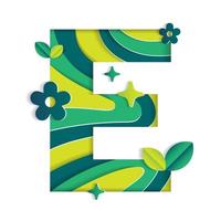 E Alphabet Character Environmental Eco Environment Day Leaf Font Letter Cartoon Style Abstract Paper Sparkle Shine Green Mountain Geography Contour Map 3D Paper Layer Cutout Card Vector Illustration