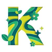 K Alphabet Character Environmental Eco Environment Day Leaf Font Letter Cartoon Style Abstract Paper Sparkle Shine Green Mountain Geography Contour Map 3D Paper Layer Cutout Card Vector Illustration