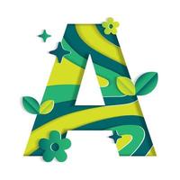 A Alphabet Character Environmental Eco Environment Day Leaf Font Letter Cartoon Style Abstract Paper Sparkle Shine Green Mountain Geography Contour Map 3D Paper Layer Cutout Card Vector Illustration