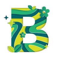 B Alphabet Character Environmental Eco Environment Day Leaf Font Letter Cartoon Style Abstract Paper Sparkle Shine Green Mountain Geography Contour Map 3D Paper Layer Cutout Card Vector Illustration