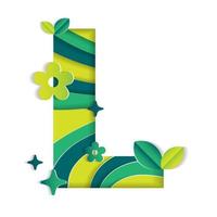 L Alphabet Character Environmental Eco Environment Day Leaf Font Letter Cartoon Style Abstract Paper Sparkle Shine Green Mountain Geography Contour Map 3D Paper Layer Cutout Card Vector Illustration