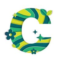 C Alphabet Character Environmental Eco Environment Day Leaf Font Letter Cartoon Style Abstract Paper Sparkle Shine Green Mountain Geography Contour Map 3D Paper Layer Cutout Card Vector Illustration