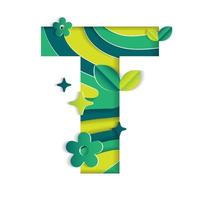 T Alphabet Character Environmental Eco Environment Day Leaf Font Letter Cartoon Style Abstract Paper Sparkle Shine Green Mountain Geography Contour Map 3D Paper Layer Cutout Card Vector Illustration