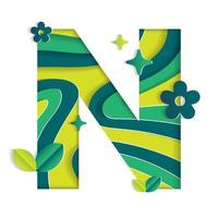 N Alphabet Character Environmental Eco Environment Day Leaf Font Letter Cartoon Style Abstract Paper Sparkle Shine Green Mountain Geography Contour Map 3D Paper Layer Cutout Card Vector Illustration