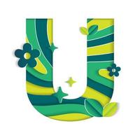 U Alphabet Character Environmental Eco Environment Day Leaf Font Letter Cartoon Style Abstract Paper Sparkle Shine Green Mountain Geography Contour Map 3D Paper Layer Cutout Card Vector Illustration