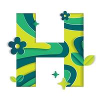 H Alphabet Character Environmental Eco Environment Day Leaf Font Letter Cartoon Style Abstract Paper Sparkle Shine Green Mountain Geography Contour Map 3D Paper Layer Cutout Card Vector Illustration