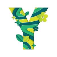 Y Alphabet Character Environmental Eco Environment Day Leaf Font Letter Cartoon Style Abstract Paper Sparkle Shine Green Mountain Geography Contour Map 3D Paper Layer Cutout Card Vector Illustration