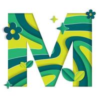 M Alphabet Character Environmental Eco Environment Day Leaf Font Letter Cartoon Style Abstract Paper Sparkle Shine Green Mountain Geography Contour Map 3D Paper Layer Cutout Card Vector Illustration