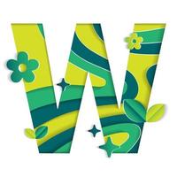 W Alphabet Character Environmental Eco Environment Day Leaf Font Letter Cartoon Style Abstract Paper Sparkle Shine Green Mountain Geography Contour Map 3D Paper Layer Cutout Card Vector Illustration