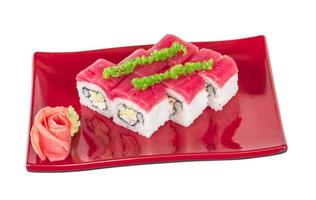 Maki Sushi - Roll made of Crab, avocado, cucumber inside. Fresh Tuna and tobico roe outside photo