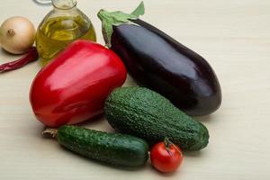 Eggplant, cucumber, avocado and red pepper photo