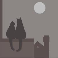 vector illustration, cat couple on the roof, night, making love