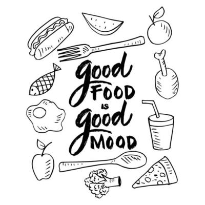 Drawn Hand Vector Good Food Mood 55% Good About, OFF Lettering Quote