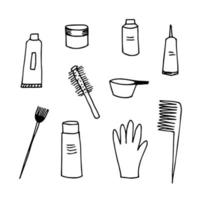 Hand-drawn simple vector doodle black outline drawing. Hair dyeing accessories, hairdresser's set. Beauty salon, cosmetics.