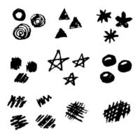 Simple vector doodle set of freehand drawn charcoal pencil. Black abstract elements, strokes, spots, spirals, circles, triangles, stars on a white background. To create a template, design.