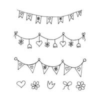 Hand-drawn black outline on a white background. Simple vector set of holiday garlands with flowers, hearts, flags for the design of cards, banners, decor elements.