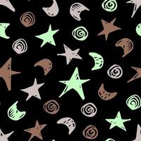 Simple abstract vector seamless pattern. Stars, circles, spirals on a black background. For printing on fabrics, textiles, clothing.