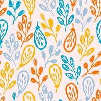 Abstract bright floral vector seamless pattern. Blue, orange leaves, branches on a light pink background. For prints of fabric, clothing, textile products, packaging, paper.