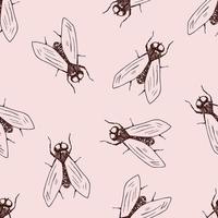 Hand-drawn simple vector seamless pattern. Insect, fly in brown outline on a light lilac-pink background. For prints of fabric, textile, paper.