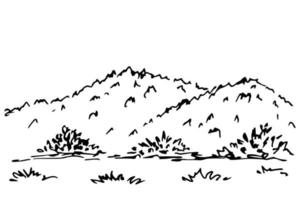Simple vector black and white freehand drawing. Mountain landscape, hills, trees, bushes, wildlife. Nature, vegetation, countryside.