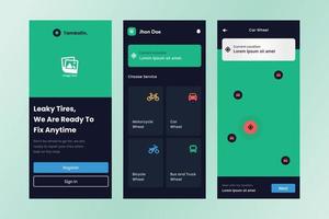 Service ui design template vector. Mobile app ui kit. Style dark mode vector