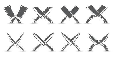 conjunto de diseños de silueta de cuchillo con varias formas. colección de elementos de logotipo de cuchillo de carnicero o iconos con forma de x, ilustración vectorial vector