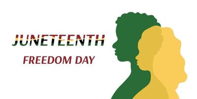 Juneteenth Freedom day banner. Silhouettes of african american persons in profile. African man and woman. June 19 celebration. Vector poster illustration