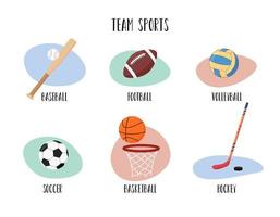 Team sports set. Balls for soccer and football, basketball. Flat vector illustrations of baseball and hockey equipment. Volleyball ball isolated