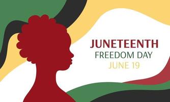 cartel del día de la libertad del 19 de junio. silueta de persona afroamericana de perfil. mujer africana 19 de junio feriado. ilustración vectorial vector