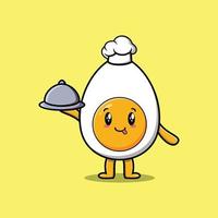 Cute Cartoon chef boiled egg serving food on tray vector