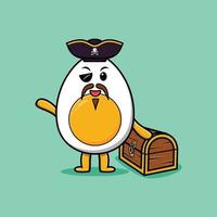 Cute cartoon Boiled egg pirate with treasure box vector