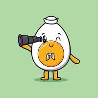 Cute cartoon boiled egg sailor with binocular vector