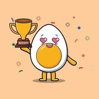 lindo dibujo animado de huevo hervido con trofeo de oro vector