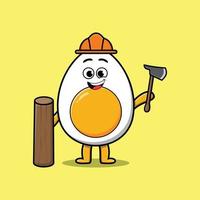 cartoon boiled egg as carpenter with ax and wood vector