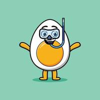 Cute cartoon boiled egg diver with swimming glass vector