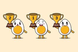 Set of cute cartoon boiled egg holding trophy vector