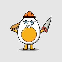 cartoon boiled egg as carpenter with saw and wood vector