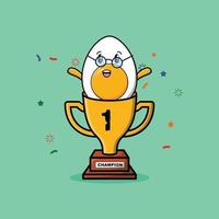 Cute cartoon boiled egg character in trophy vector