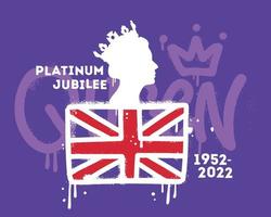 Wall art street graffiti style concept for Platinum Jubilee 1952-2022. Queen side profile with crown, flag, splash effect and drops. Print for graphic tee, poster. Vector hand drawn illustration