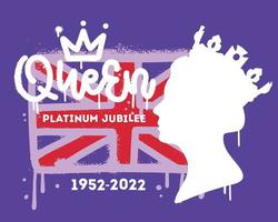 Urban graffiti for Queen Platinum Jubilee 1952-2022 with flag, female profile and crown. Greeting card for celebrate. Vector textured hand drawn illustration or banner, badge, flyer, brochure.