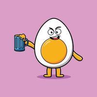 Boiled egg cartoon character with beer glass vector