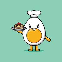 Lindo chef de dibujos animados huevo cocido sirviendo pastel en la bandeja vector