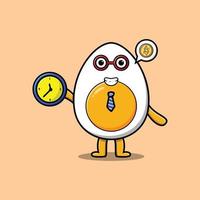 Cute cartoon boiled egg character holding clock vector