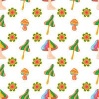 Psychedelic fantasy mushroom and daisy vector seamless pattern