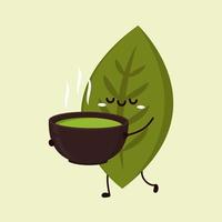 carácter de hojas de té. hojas de té sobre fondo verde. fondo de pantalla. diseño de personajes matcha. vector